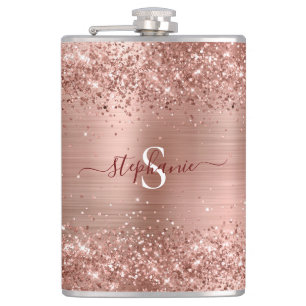 Rose Gold Faux-Glitter Girly Glam Monogram Flask