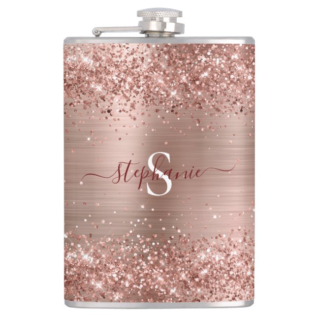 Rose Gold Faux-Glitter Girly Glam Monogram Flask (Front)