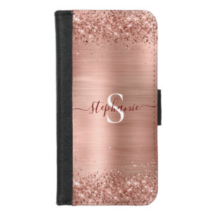 Rose Gold Faux-Glitter Girly Glam Monogram iPhone 8/7 Wallet Case