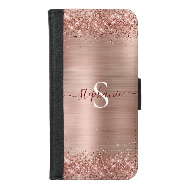 Rose Gold Faux-Glitter Girly Glam Monogram iPhone Wallet Case (Front)