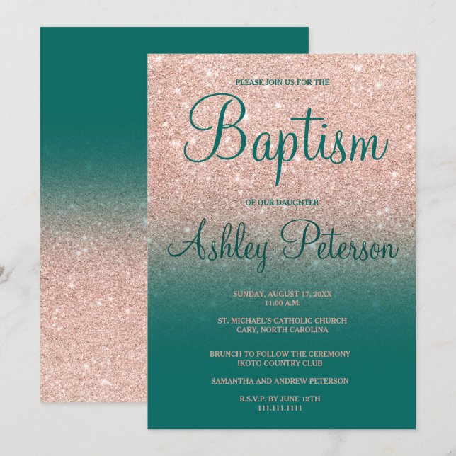 Rose gold faux glitter green ombre baptism invitation (Front/Back)