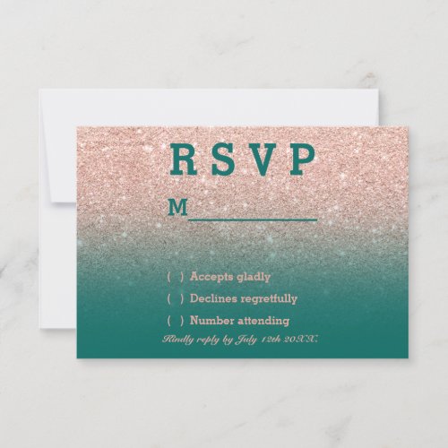 Rose gold faux glitter green ombre RSVP wedding