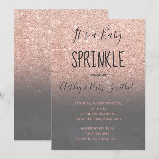 Rose gold faux glitter grey ombre baby sprinkle invitation (Front/Back)