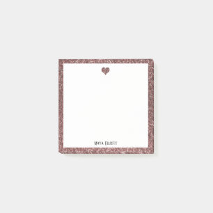 Rose Gold Faux Glitter Heart & Border w/ White Post-it Notes
