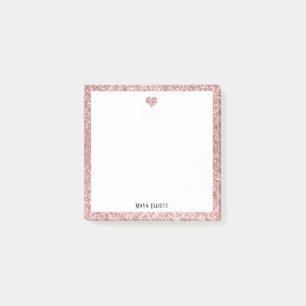 Rose Gold Faux Glitter Heart & Border w/ White Post-it Notes