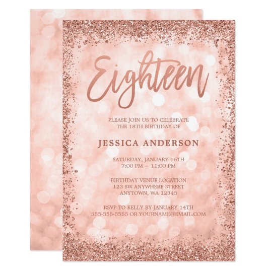 Rose Gold Faux Glitter Lights 18th Birthday Invitation