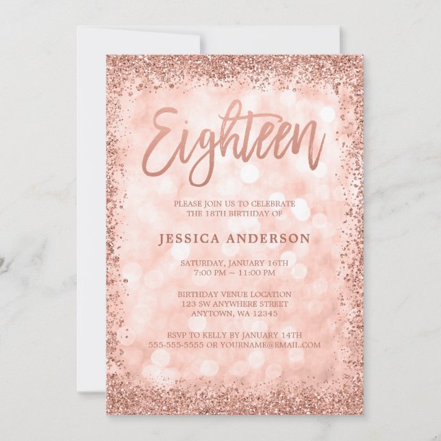 Rose Gold Faux Glitter Lights 18th Birthday Invitation (Front)