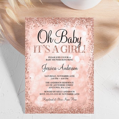 Rose Gold Faux Glitter Lights Girl Baby Shower Invitation