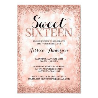 Rose Gold Faux Glitter Lights Sweet 16 Birthday Card
