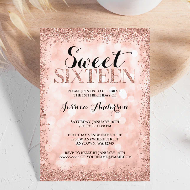 Rose Gold Faux Glitter Lights Sweet 16 Birthday Invitation Zazzle