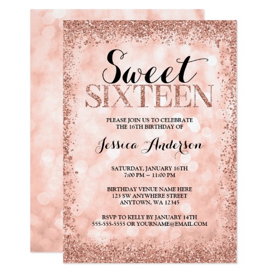 Rose Gold Faux Glitter Lights Sweet 16 Birthday Invitation 