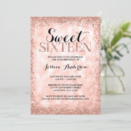 Rose Gold Faux Glitter Lights Sweet 16 Birthday Invitation | Zazzle