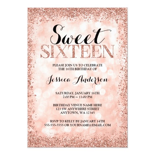 rose gold faux glitter lights sweet 16 birthday invitation zazzle com