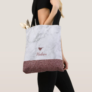 Rose Gold Faux Glitter Little Bird on Gray Marble Tote Bag