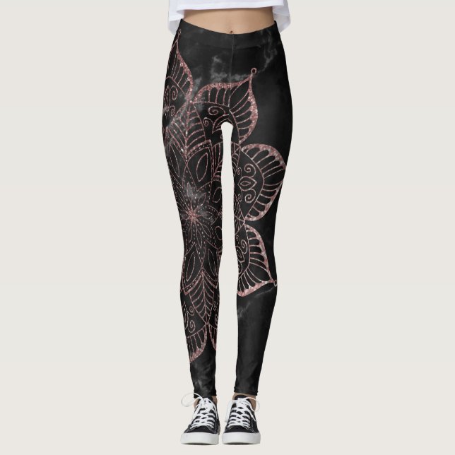 Rose Gold Faux Glitter Mandala on Black Marble Leggings (Front)
