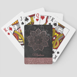 Rose Gold Faux Glitter Mandala on Black Marble Poker Cards