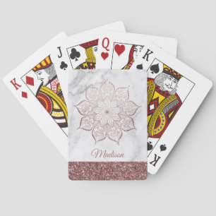 Rose Gold Faux Glitter Mandala on White Marble Poker Cards