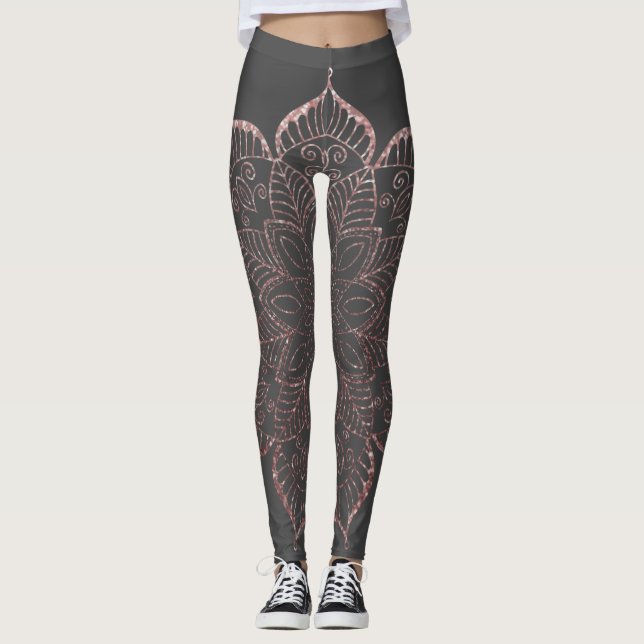 Rose Gold Faux Glitter Mandala over Dark Gray Leggings (Front)