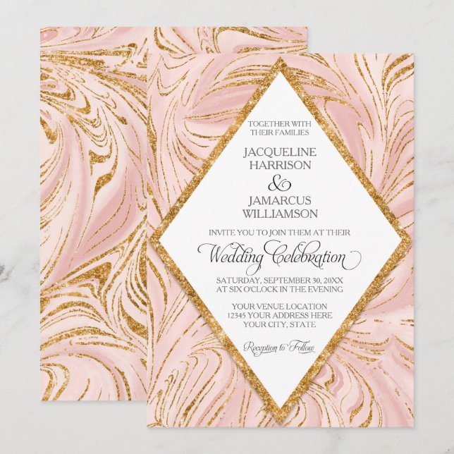 Rose Gold Faux Glitter Marble Blush Paper Wedding Invitation (Front/Back)