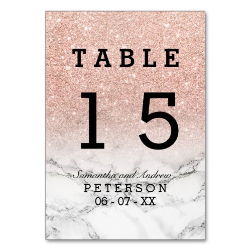 Rose gold faux glitter marble ombre wedding table table number