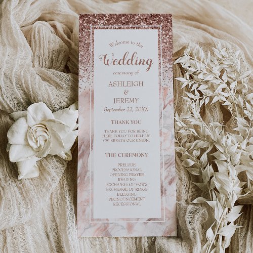 Rose Gold Faux Glitter Marble Script Wedding Program