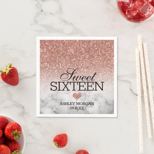 Rose Gold Faux GlitterMarble Sweet 16 Napkins