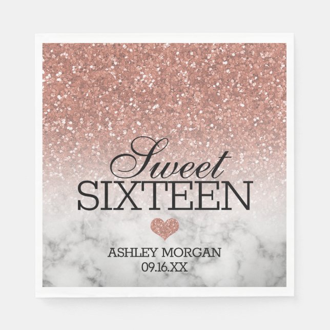Rose Gold Faux Glitter/Marble Sweet 16 Napkins (Front)
