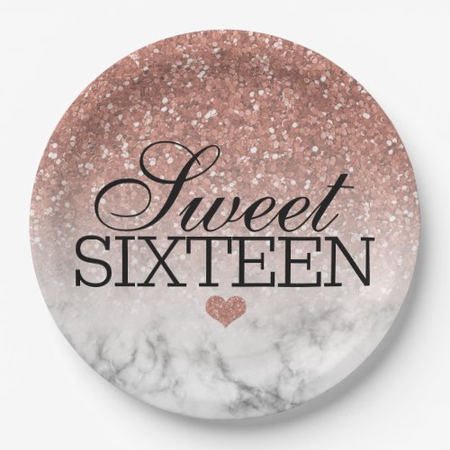 Rose Gold Faux GlitterMarble Sweet 16 Paper Plates