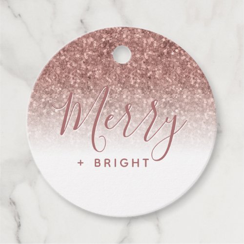 Rose Gold Faux Glitter Merry Bright Pink Christmas Favor Tags