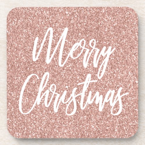 Rose Gold Faux Glitter Merry Christmas Calligraphy Beverage Coaster