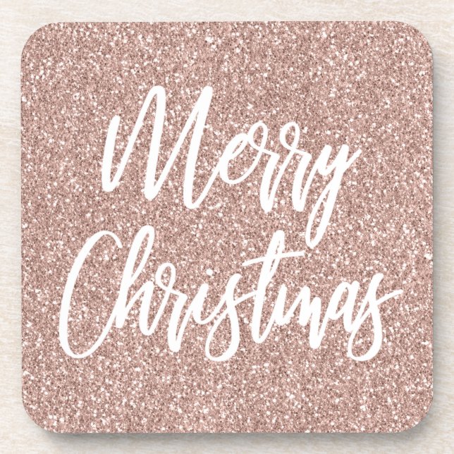 Rose Gold Faux Glitter Merry Christmas Calligraphy Beverage Coaster (Front)