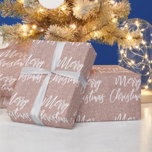 Rose Gold Faux Glitter Merry Christmas Calligraphy Wrapping Paper