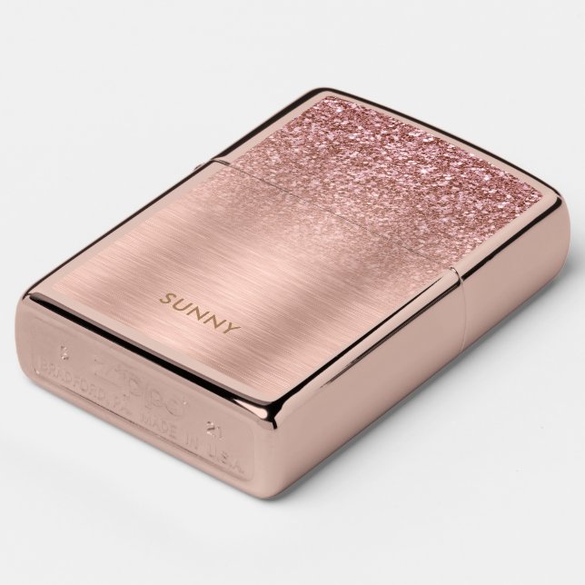 Rose-gold Faux Glitter & Metallic Texture Zippo Lighter (Angle)