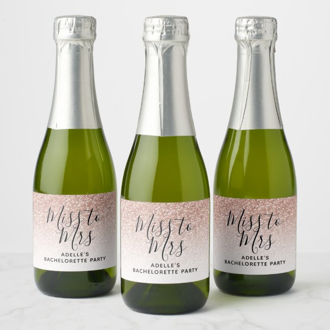 Rose Gold Faux Glitter Miss to Mrs Bachelorette Sparkling Wine Label (Bottles)