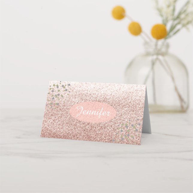 Rose Gold Faux Glitter Name Place Holder Place Card (Front)