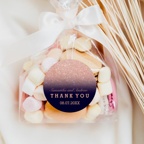 Rose gold faux glitter navy blue ombre Thank you Classic Round Sticker