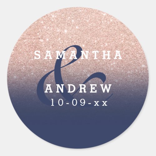 Rose gold faux glitter navy blue ombre wedding classic round sticker