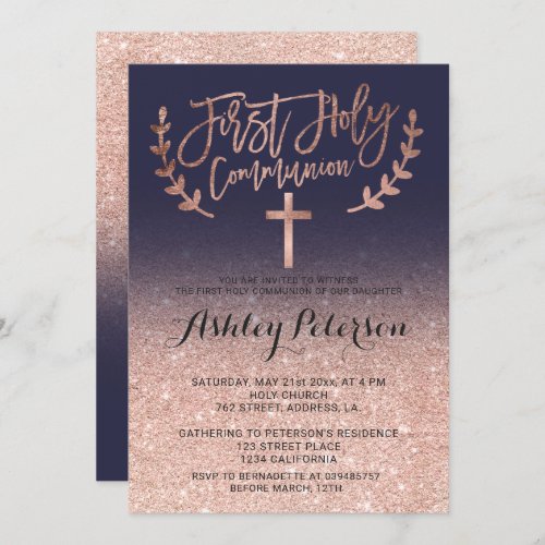 Rose gold faux glitter navy ombre first communion invitation
