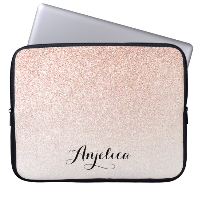 Rose Gold Faux Glitter Ombre Name Personalized Laptop Sleeve (Front)