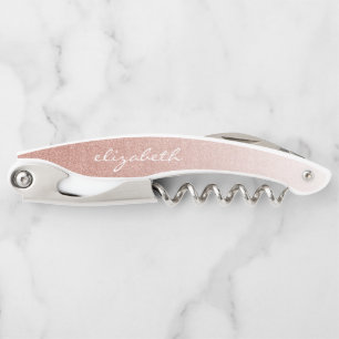 Rose Gold Faux Glitter Ombre Personalized Script Waiter's Corkscrew