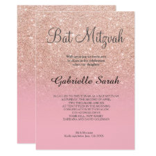 Rose gold faux glitter pale pink Bat Mitzvah Invitation