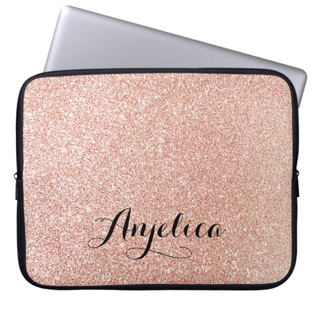 Rose Gold Faux Glitter Personalized Laptop Sleeve (Front)