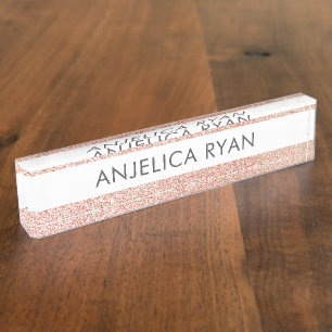 Rose Gold Faux Glitter Personalized Professional Desk Name Plate
