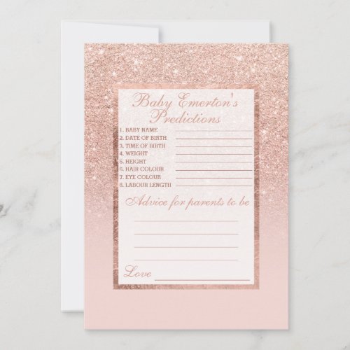 Rose gold faux glitter pink baby predictions 1 advice card