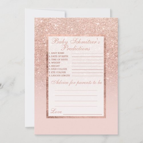 Rose gold faux glitter pink baby predictions 2 advice card