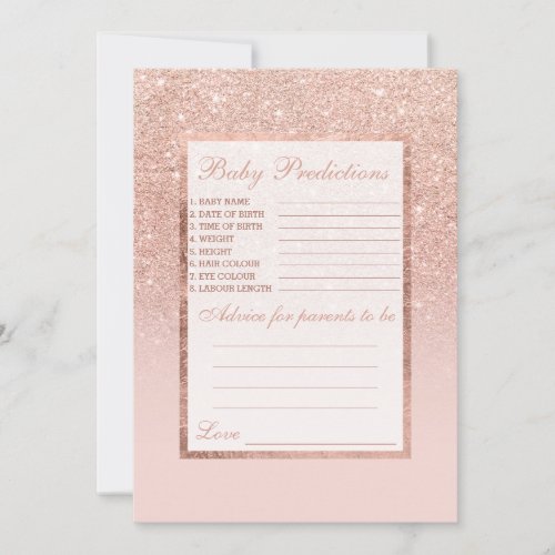 Rose gold faux glitter pink baby predictions advice card