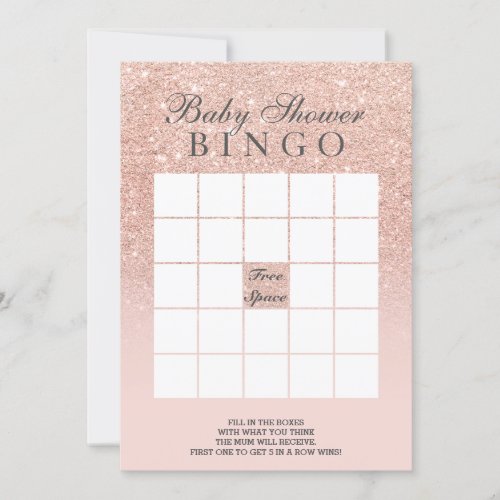 Rose gold faux glitter pink baby shower bingo invitation