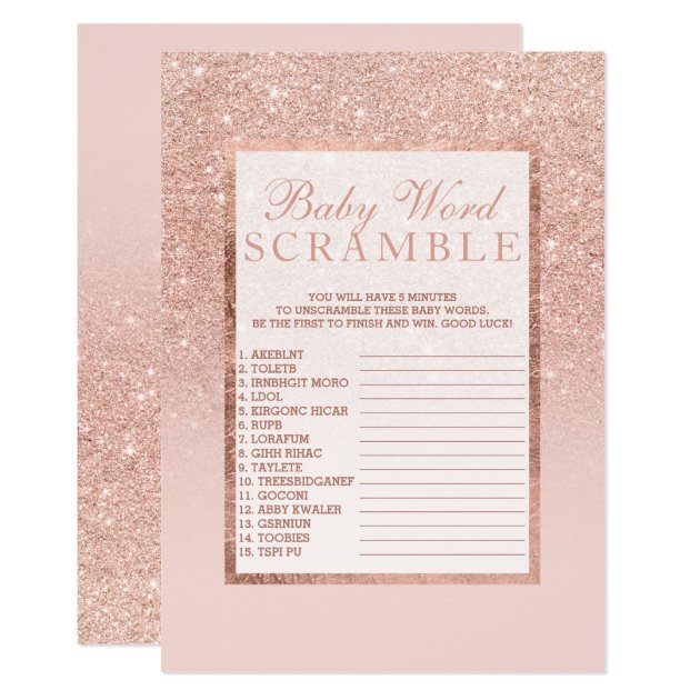 Rose Gold Faux Glitter Pink Baby Word Scramble 2 Invitation