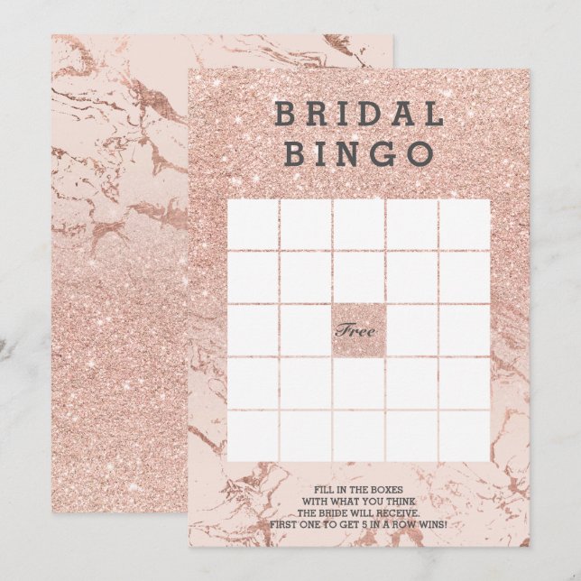 Rose gold faux glitter pink bridal marble bingo invitation (Front/Back)