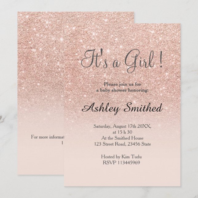 Rose gold faux glitter pink girl baby shower back invitation (Front/Back)